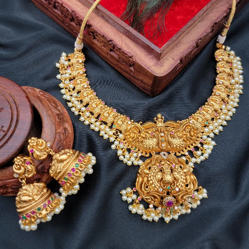 women's two-tone necklaces-Temple Jewelry Matte Gold Lakshmi Peacock & Pearl Necklace