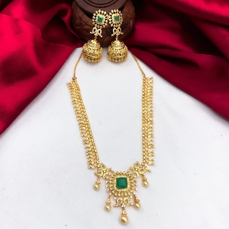 women's gold plated necklaces-Classic Exquisite White and Green Zircon (CZ) Stone Necklace set with Jhumka Earring