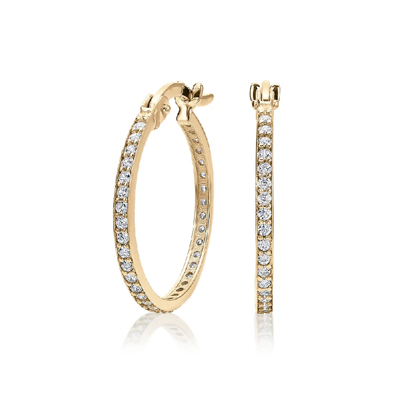 women's adjustable earrings-Round Brilliant hoop earrings with diamond simulants in 10 carat yellow gold