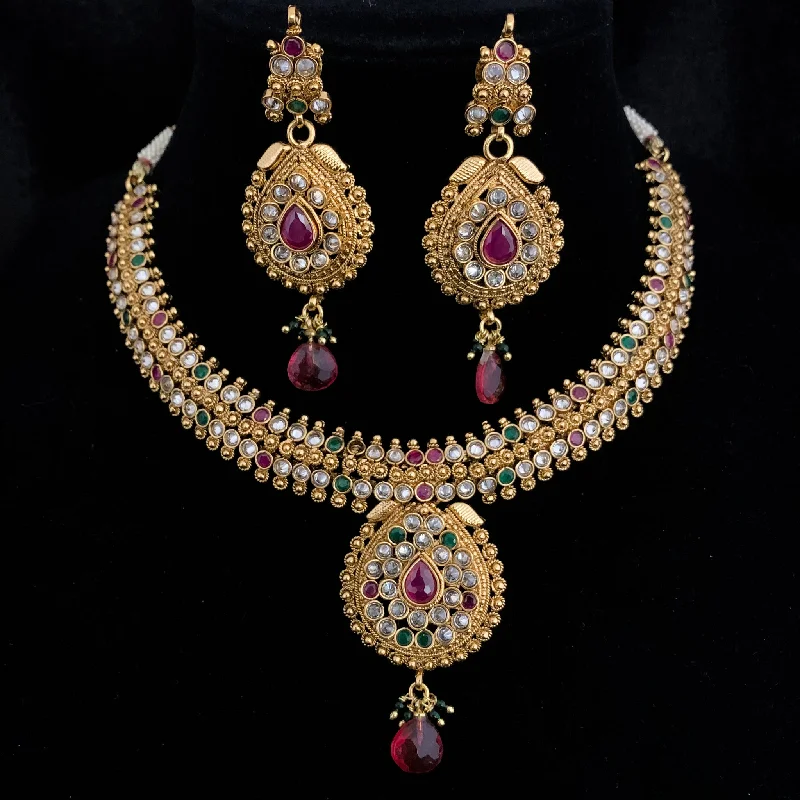 women's charm pendant necklaces-Stunning Bollywood Style Antique Gold Necklace Set in Multicolor stones