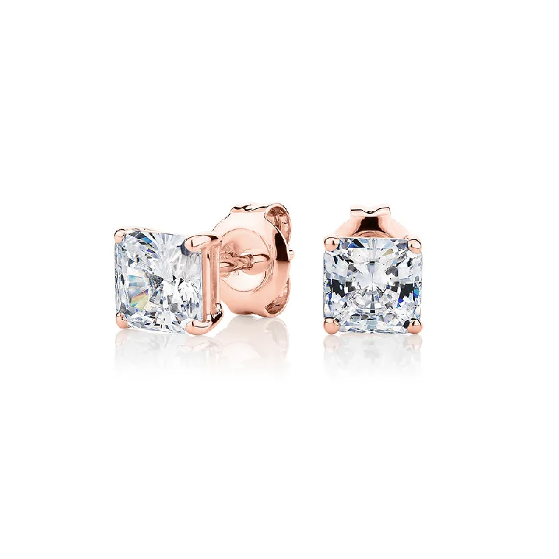 women's boho style earrings-Princess Cut stud earrings with 1.5 carats* of diamond simulants in 10 carat rose gold