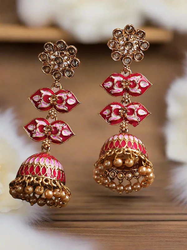 women's statement ear cuffs-Gold Plated Floral Shaped Dome Pink & White Minakari Drop Earrings