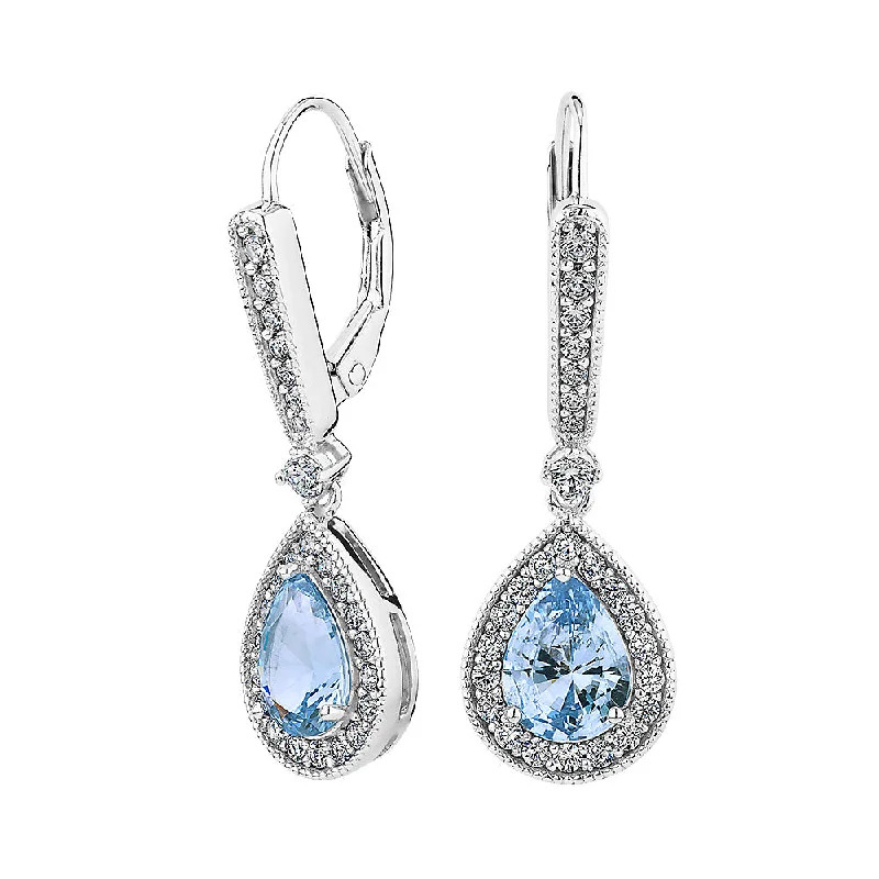 women's geometric design earrings-Pear and Round Brilliant drop earrings with blue topaz simulants and 2.7 carats* of diamond simulants in sterling silver