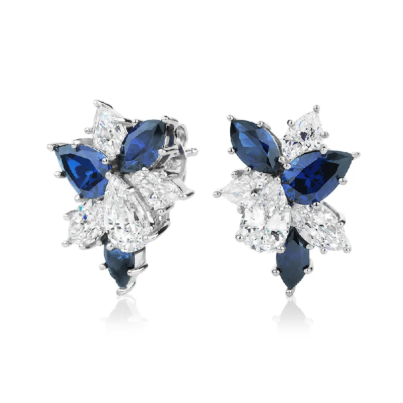 women's statement gemstone earrings-Statement earrings with sapphire simulants and 1.93 carats* of diamond simulants in sterling silver