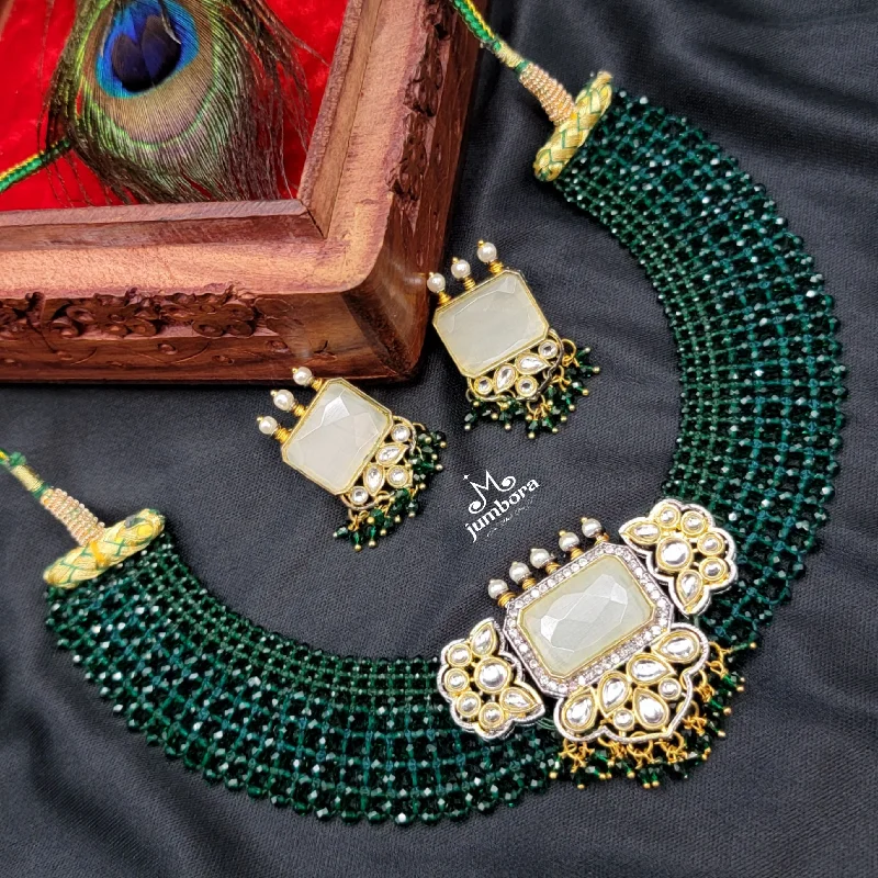 women's layered pendant necklaces-Green Crystal Hydrobeads Jaali Mesh Kundan Necklace set