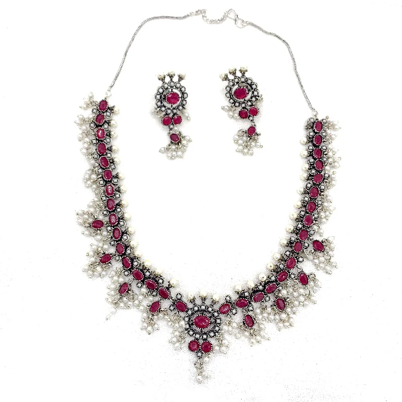 women's teardrop necklaces-Smashing Oxidized Silver Necklace with Ruby Red and Cluster Pearls