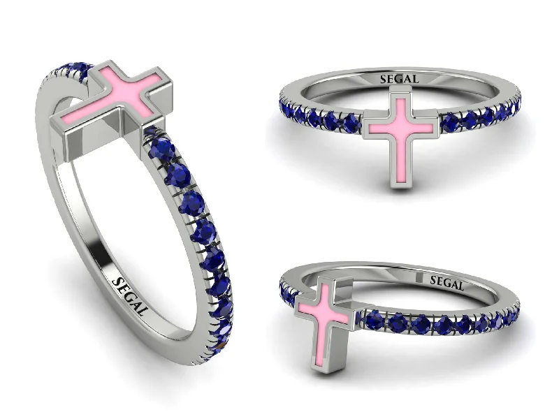 women's minimalist rings-Elegant Enamel Cross Sapphire Ring - Cross No. 15