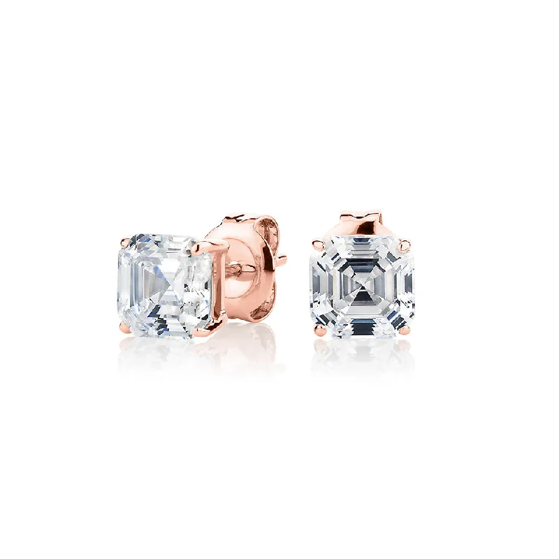 women's fashion earrings-Asscher stud earrings with 2 carats* of diamond simulants in 10 carat rose gold