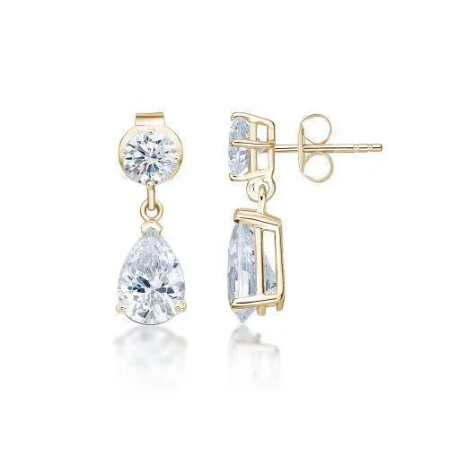 women's luxury diamond earrings-Pear and Round Brilliant drop earrings with 1.92 carats* of diamond simulants in 10 carat yellow gold