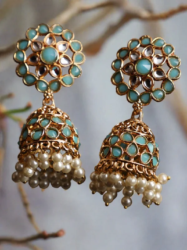 women's custom earrings-Flora Shaped Gold-Plated Stone Studded & Beaded Jhumka Earrings