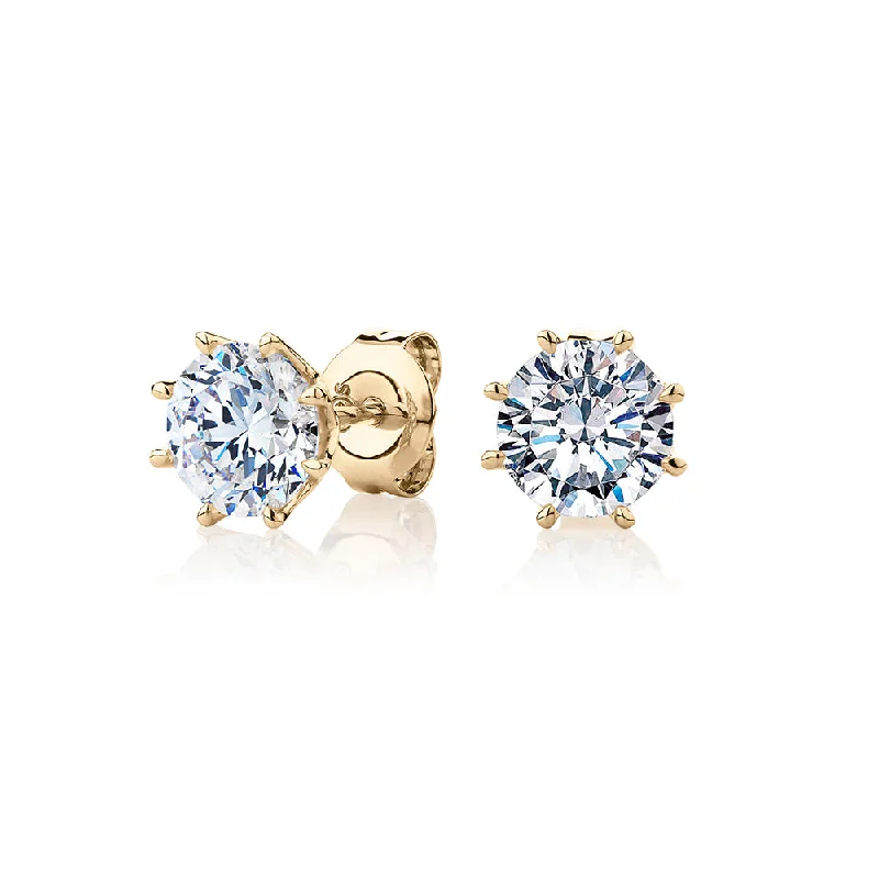 women's birthstone earrings-Round Brilliant stud earrings with 2 carats* of diamond simulants in 10 carat yellow gold