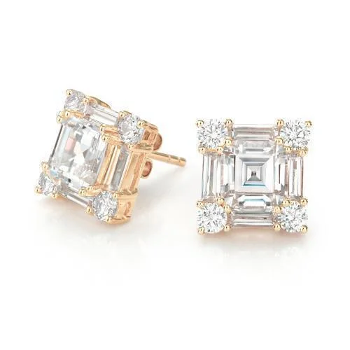 women's gold stud earrings-Princess Cut, Baguette and Round Brilliant stud earrings with 8.42 carats* of diamond simulants in 10 carat yellow gold