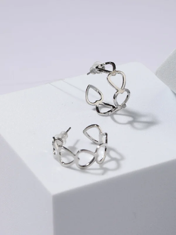 women's zodiac sign earrings-Silver-Plated Heart Shaped Half Hoop Earrings