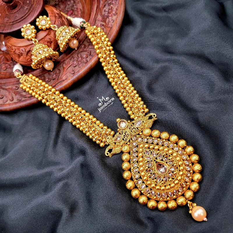 women's long necklaces-Antique Gold Statement Necklace Set with Gungroo gold beads and LCD Stones