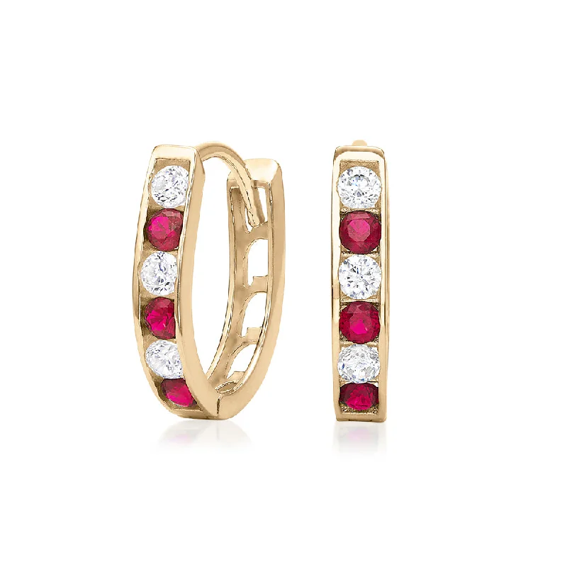 women's custom earrings-Round Brilliant hoop earrings with ruby and diamond simulants in 10 carat yellow gold