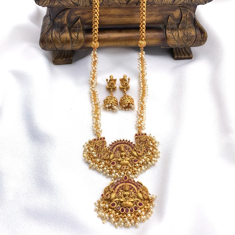 women's elegant diamond necklaces-Radiant Long Antique Matte Gold Lakshmi Temple Necklace Set with Jhumka