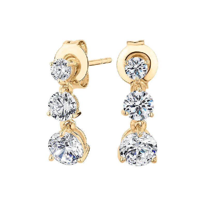 women's small statement earrings-Round Brilliant drop earrings with 1.64 carats* of diamond simulants in 10 carat yellow gold