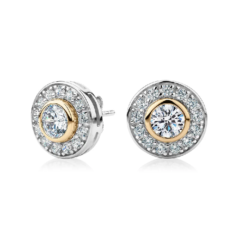 women's luxury hoop earrings-Round Brilliant halo stud earrings with 1.9 carats* of diamond simulants in 10 carat yellow gold and sterling silver