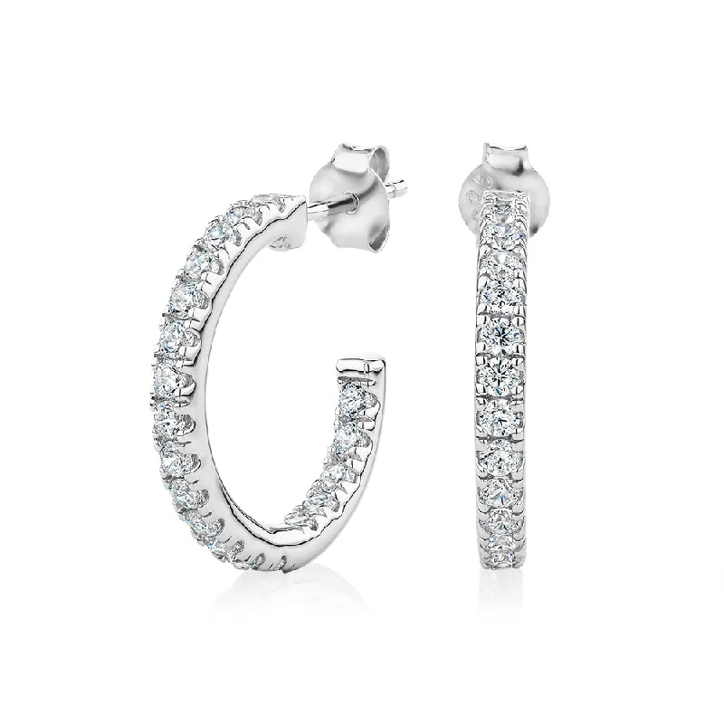 women's bold statement earrings-Round Brilliant hoop earrings with 1.14 carats* of diamond simulants in sterling silver