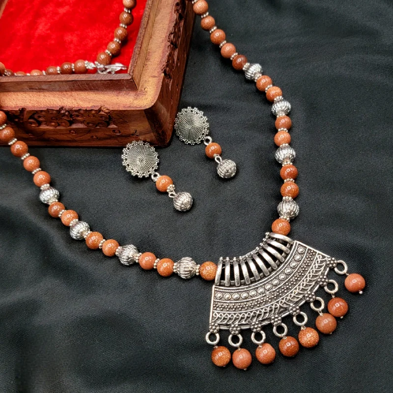 women's boho necklaces-Handmade Sandstone Oxidized German Silver Beads Mala Necklace Set