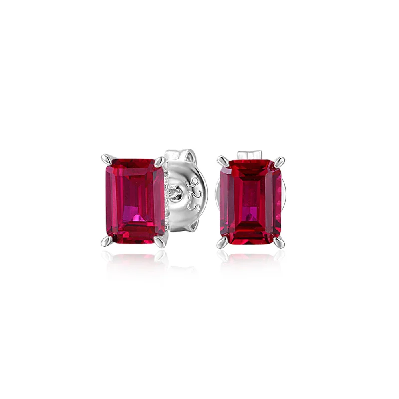 women's gold stud earrings-Emerald Cut stud earrings with ruby simulants in sterling silver