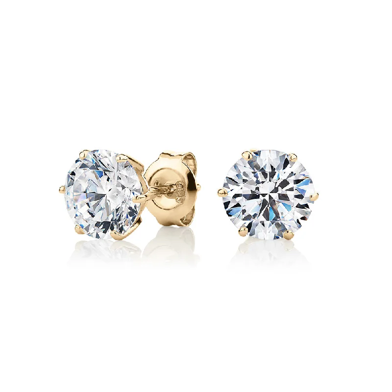 women's trendy drop earrings-Round Brilliant stud earrings with 3 carats* of diamond simulants in 10 carat yellow gold