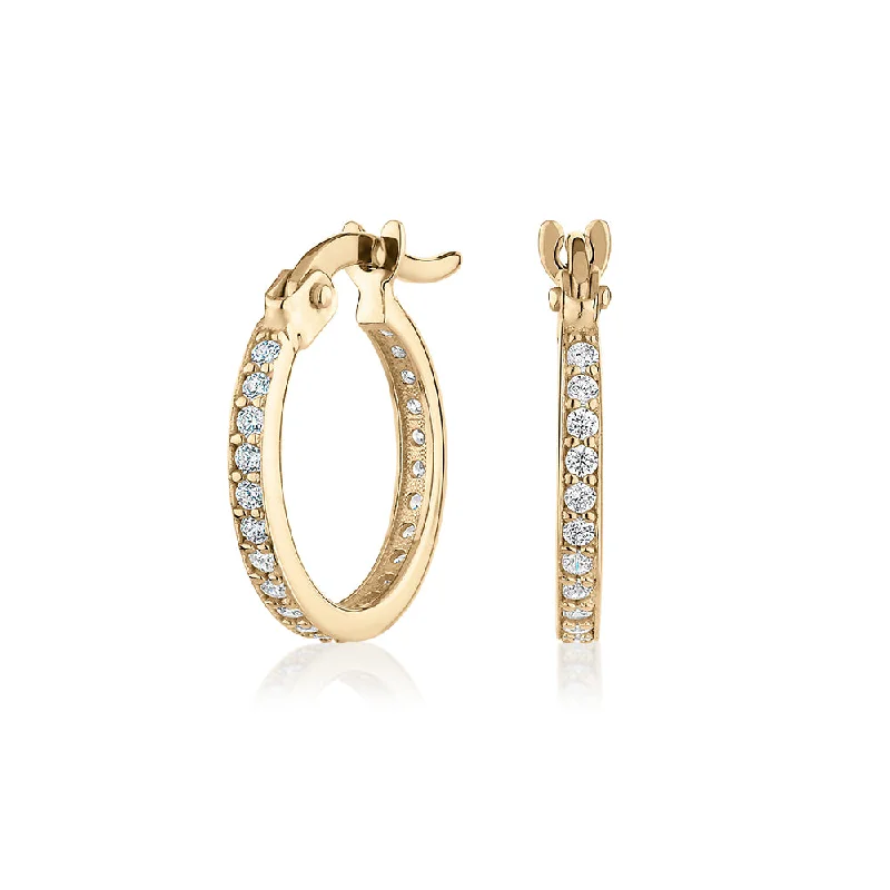 women's gold dangling earrings-Round Brilliant hoop earrings with diamond simulants in 10 carat yellow gold