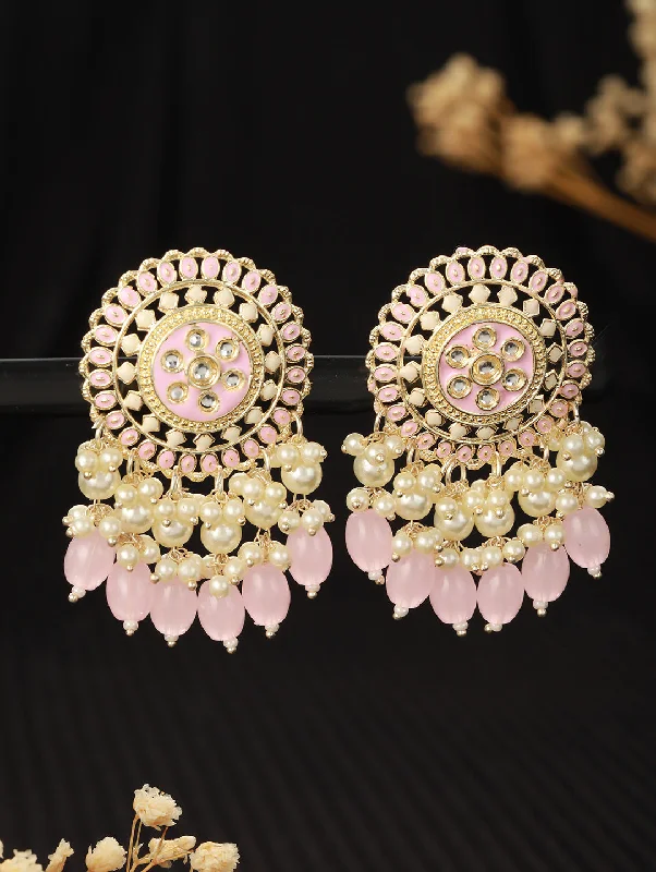 women's small statement earrings-Gold-Plated & Pink Enameled & Pearl Beaded Contemporary Drop Earrings