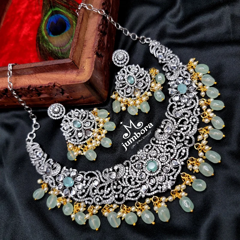 women's modern pendant necklaces-Mint Green & White AD Zircon Victorian Bridal Necklace