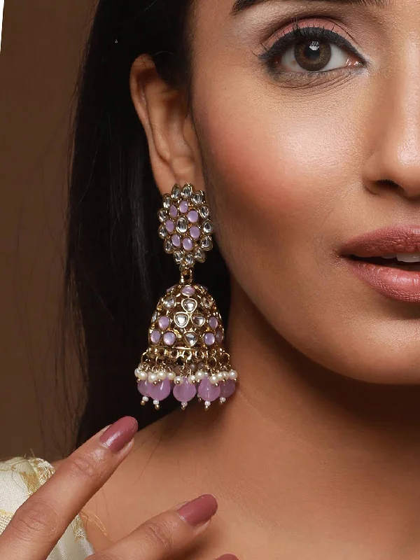 women's hoop earrings-Gold Plated Purple Beaded & White Kundan Studed Jhumka Earrings