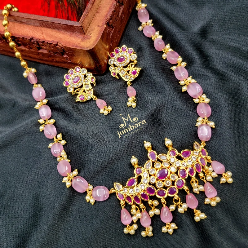 women's high-end designer necklaces-Monalisa Pink Beads Necklace with AD Pendant Set