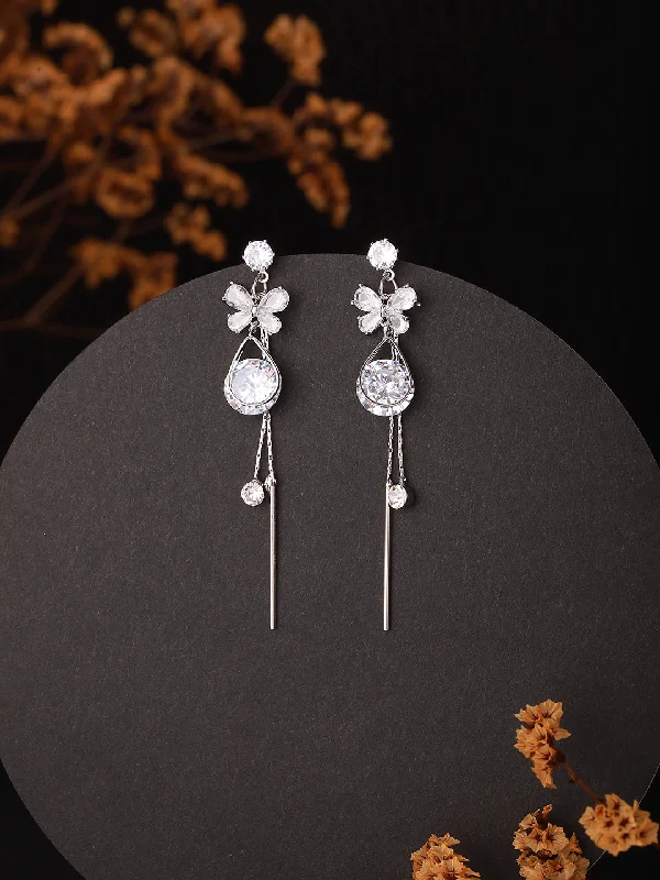 women's minimalist gold earrings-Silver-Toned Rhodium-Plated Cz Stone-Studded Contemporary Drop Earrings