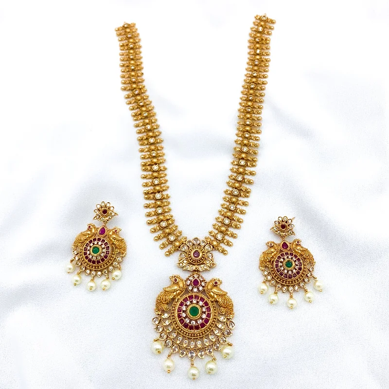 women's romantic necklaces-Traditional Antique Matte Gold polish Peacock Necklace Set