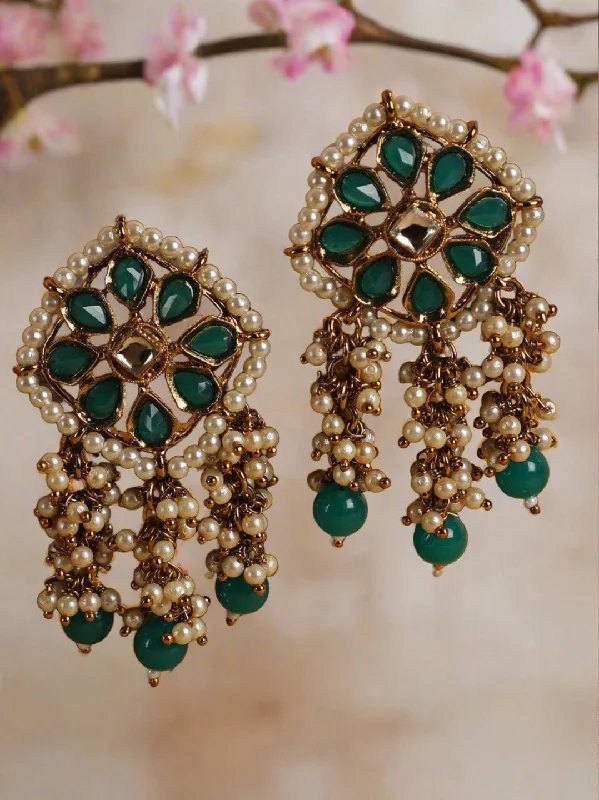 women's glamorous earrings-Green Kundan Stone Studded & Pearl Beaded Strand Drop Earrings