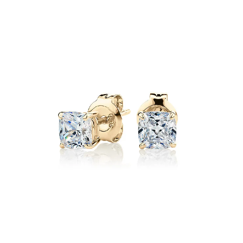 women's birthstone earrings-Cushion stud earrings with 1 carat* of diamond simulants in 10 carat yellow gold