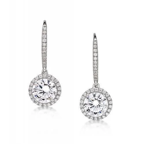 women's layered gold earrings-Round Brilliant drop earrings with 6.7 carats* of diamond simulants in sterling silver