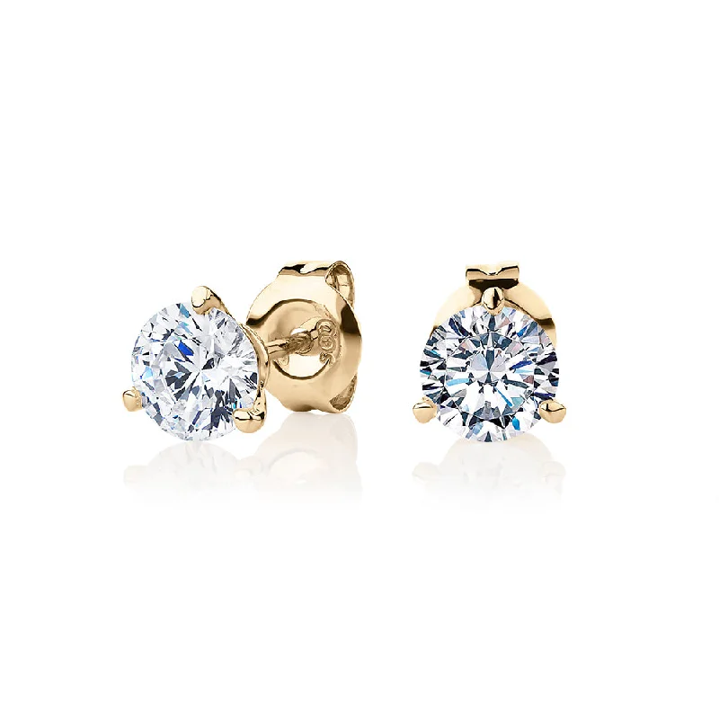 women's bold statement earrings-Round Brilliant stud earrings with 1.52 carats* of diamond simulants in 10 carat yellow gold