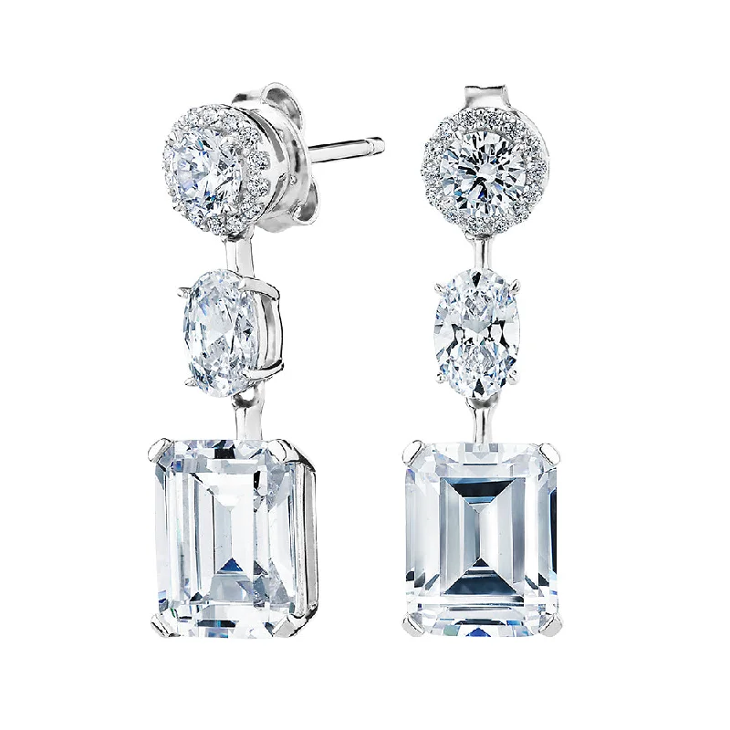 women's romantic earrings-Emerald Cut, Oval and Round Brilliant drop earrings with 5.22 carats* of diamond simulants in sterling silver