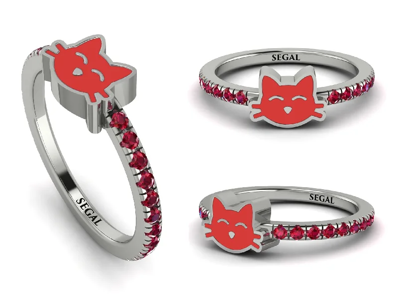 women's fashion rings-Elegant Enamel Cat Ruby Ring - Cat No. 12