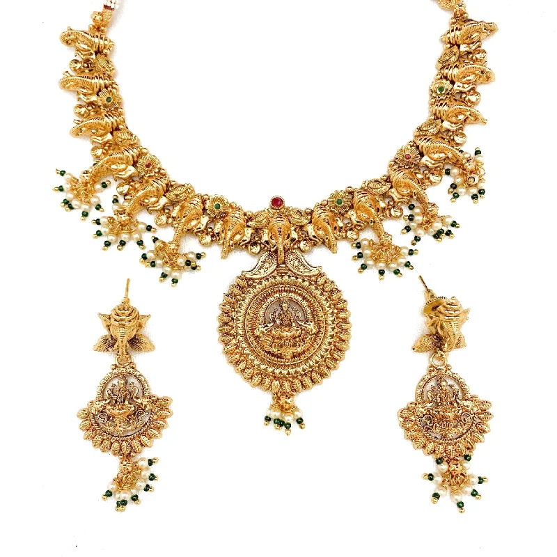 women's designer necklaces-Exquisite Antique Lakshmi Ganesha Necklace Set, Temple Jewelry