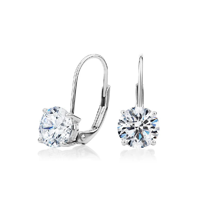 women's gemstone drop earrings-Round Brilliant drop earrings with 2 carats* of diamond simulants in 10 carat white gold