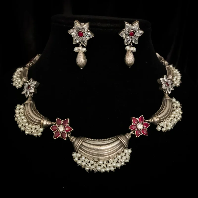 women's gemstone pendant necklaces-Exquisite Oxidized Silver Necklace with White and Red stones and Pearl Clusters