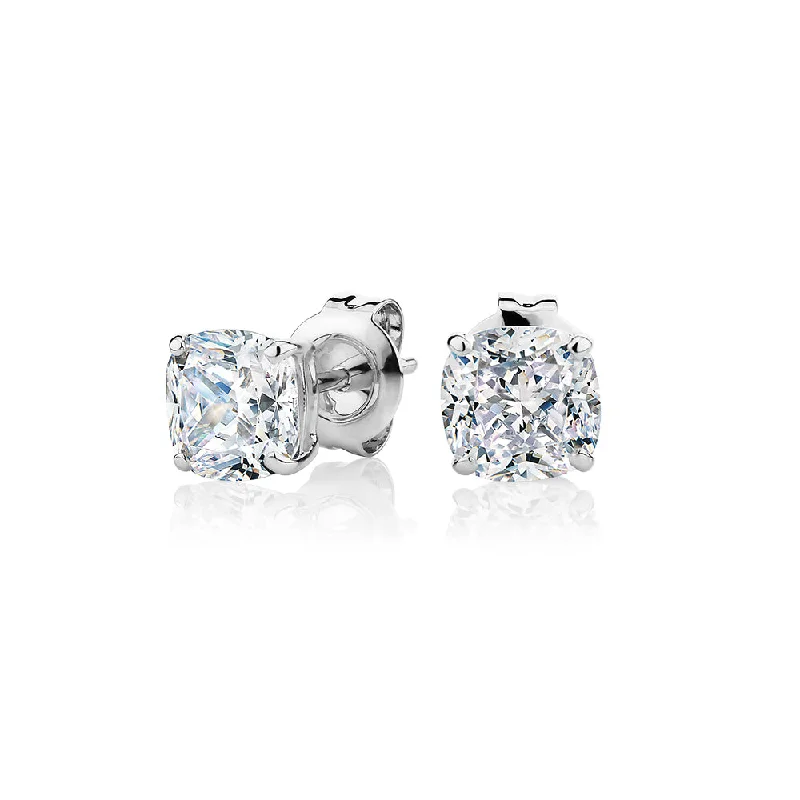 women's silver stud earrings-Cushion stud earrings with 2 carats* of diamond simulants in 10 carat white gold