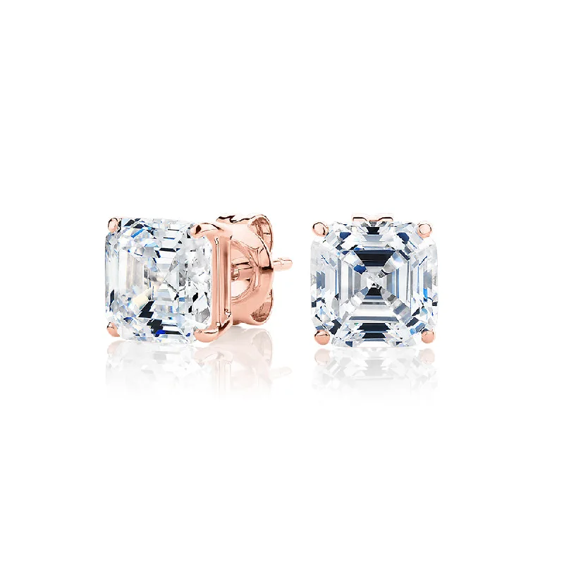 women's engraved hoop earrings-Asscher stud earrings with 3 carats* of diamond simulants in 10 carat rose gold