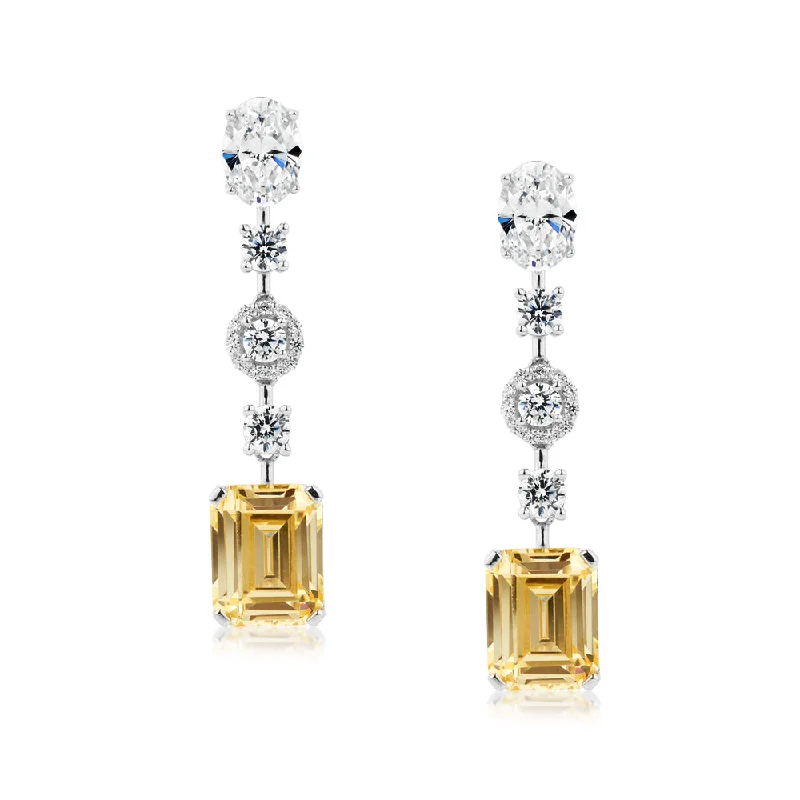 women's classic earrings-Emerald Cut, Round Brilliant and Oval drop earrings with 6.29 carats* of diamond simulants in sterling silver