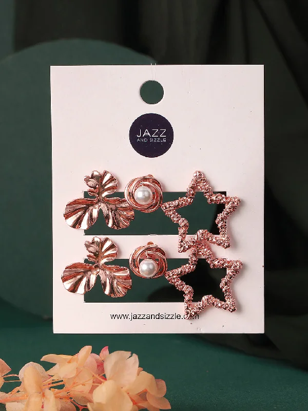 women's personalized earrings-Set Of 3 Rose Gold Plated Star & Floral Shaped Stud Earrings