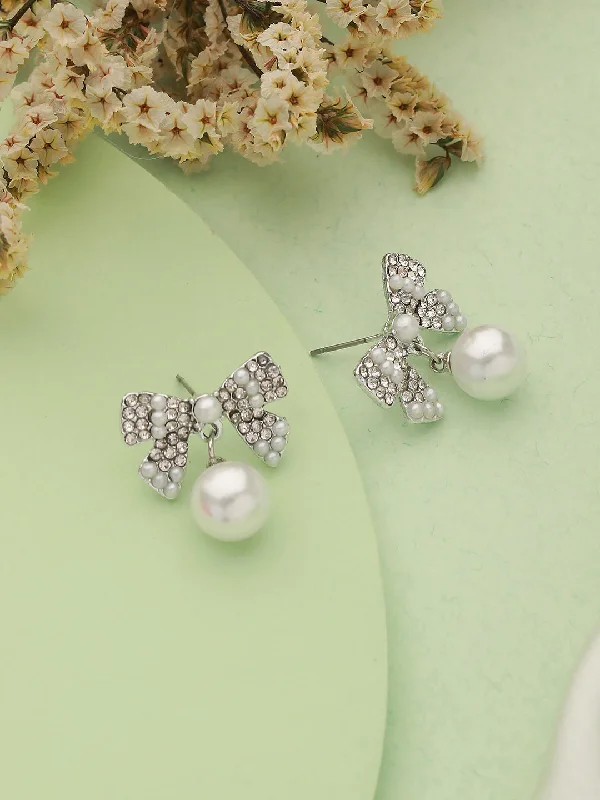 women's chandelier earrings-Silver-Toned & Rhodium-Plated Cz Bow-Shaped Pearl Drop Earrings