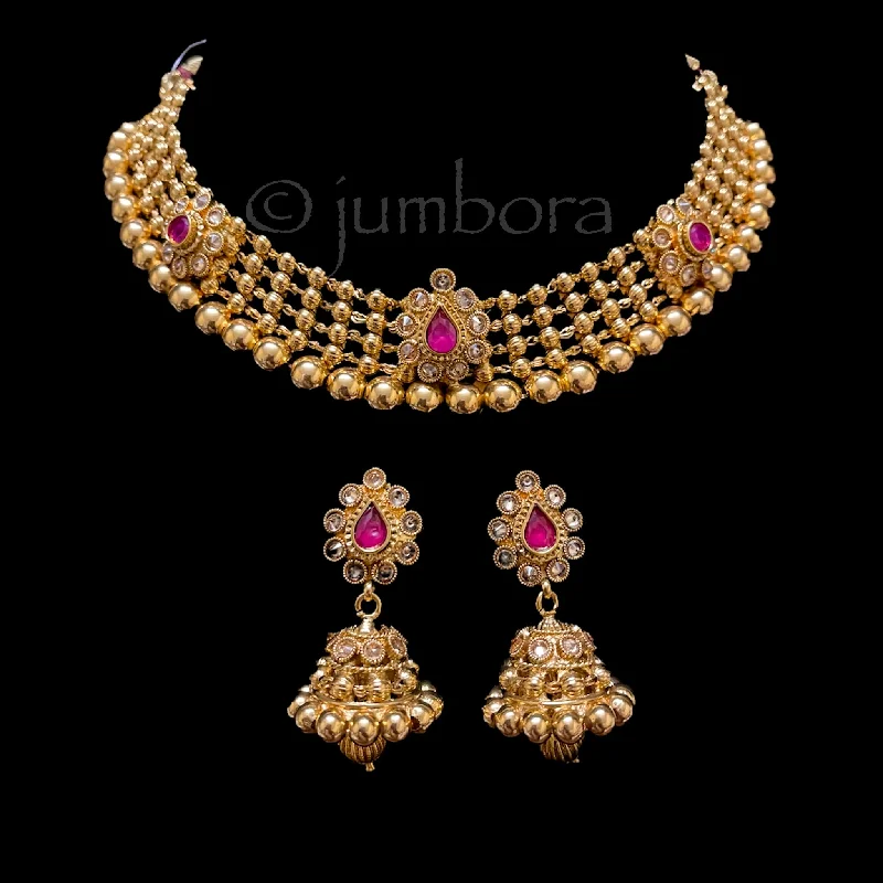 women's gold chain necklaces-Antique Gold Polki Necklace with Jhumka