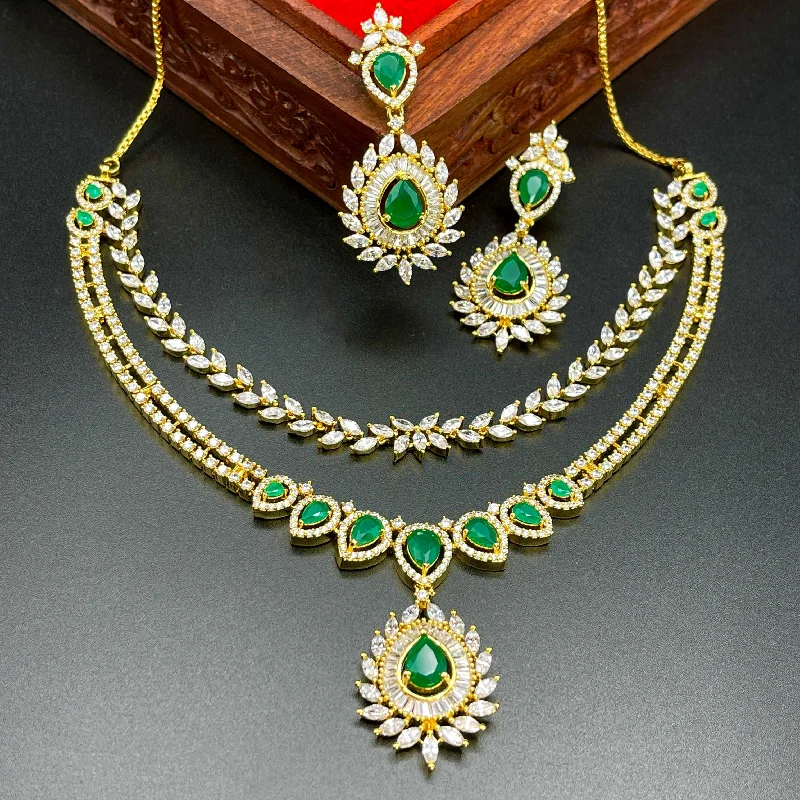 women's gold plated necklaces-Two-Row AD (Zircon) CZ Necklace with Emerald Green and White Stones