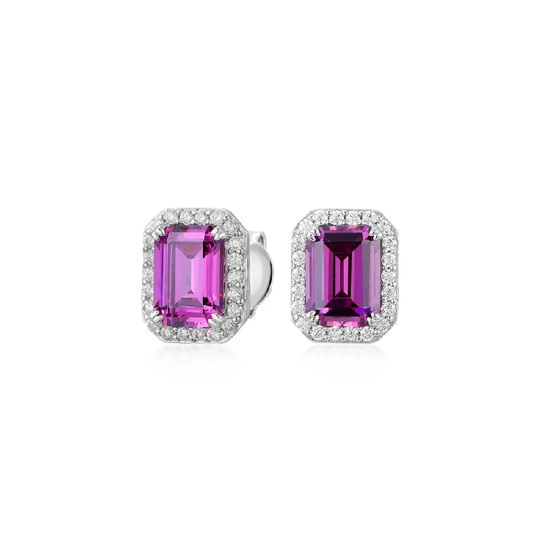 women's floral earrings-Emerald Cut and Round Brilliant halo stud earrings with pink tourmaline simulants and 0.29 carats* of diamond simulants in sterling silver